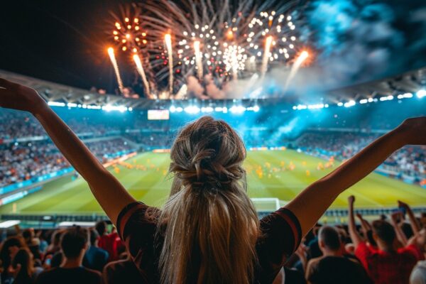Soccer fans cheering their team in the stadium