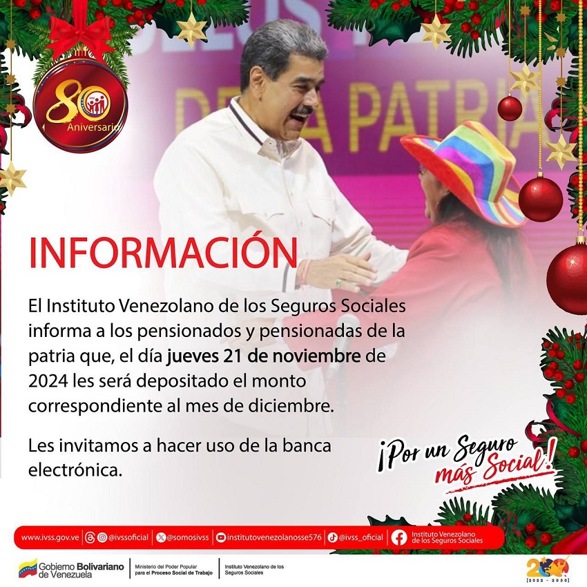 IVSS pagará este 21 de noviembre la pensión correspondiente al mes de diciembre