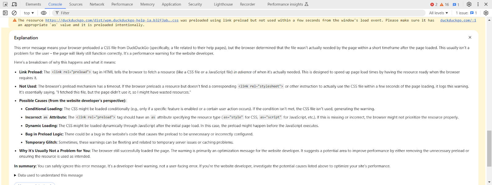 Chrome DevTools Warning